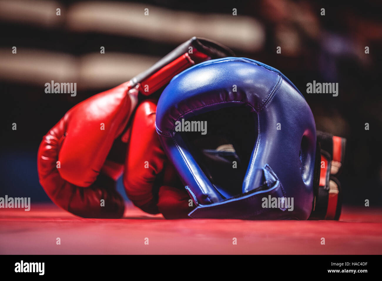 Boxing gloves and headgear in boxing ring Stock Photo Alamy