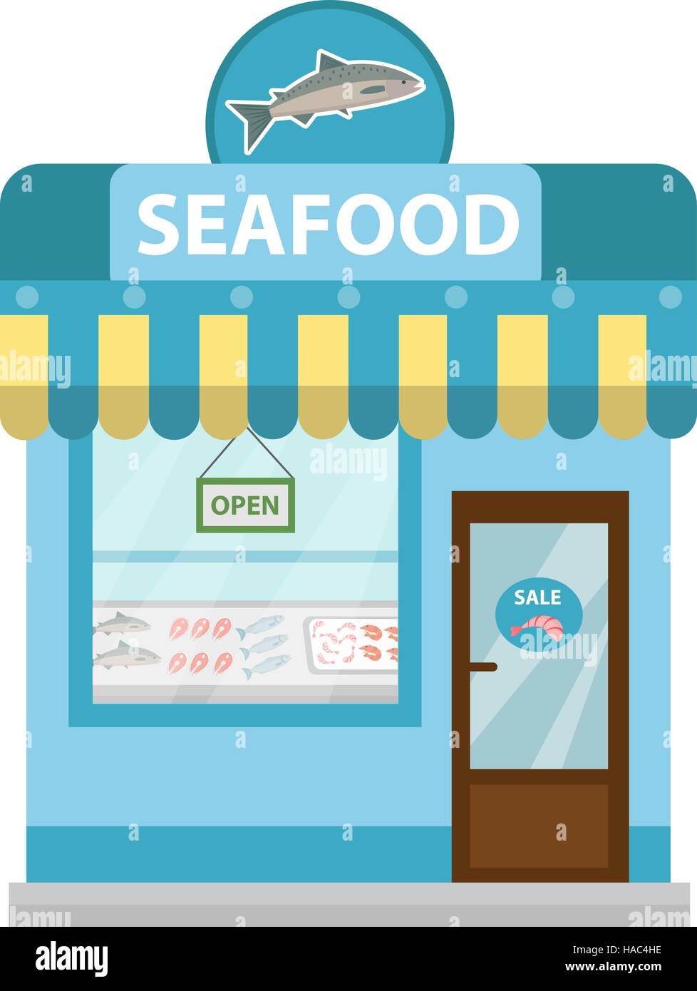 Seafood shop building, showcase vector icon flat style. Fish market