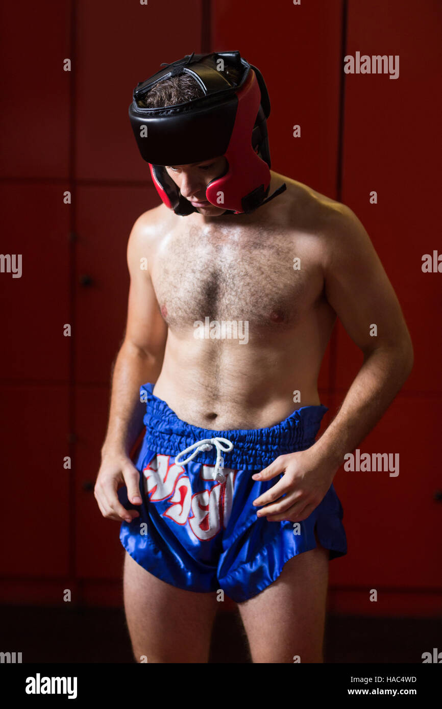 Boxer wearing headgear Stock Photo Alamy