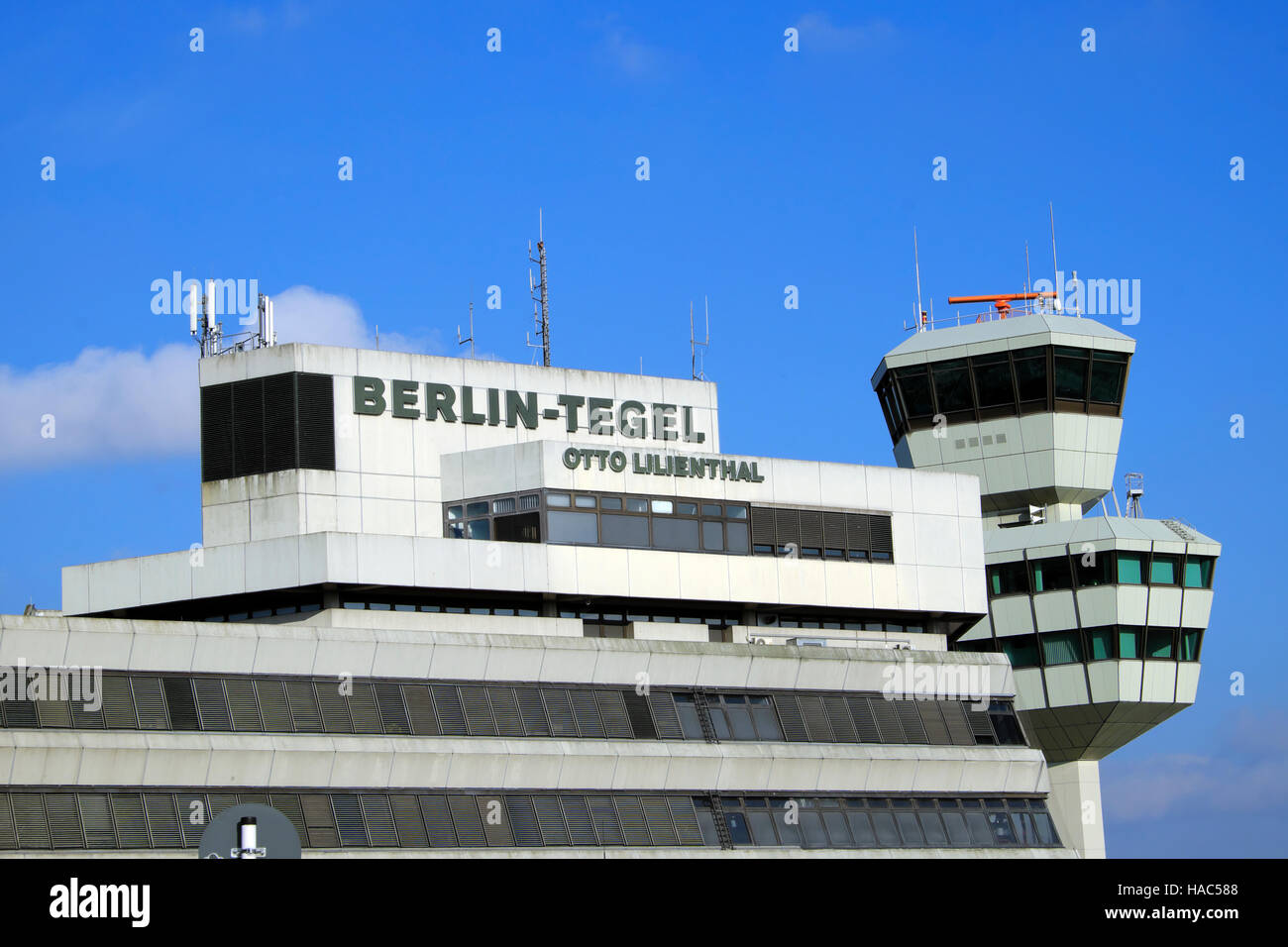 Outside exterior view of Berlin-Tegel Airport Otto Lillienthal sign on control tower building in Berlin Germany Europe EU  KATHY DEWITT Stock Photo