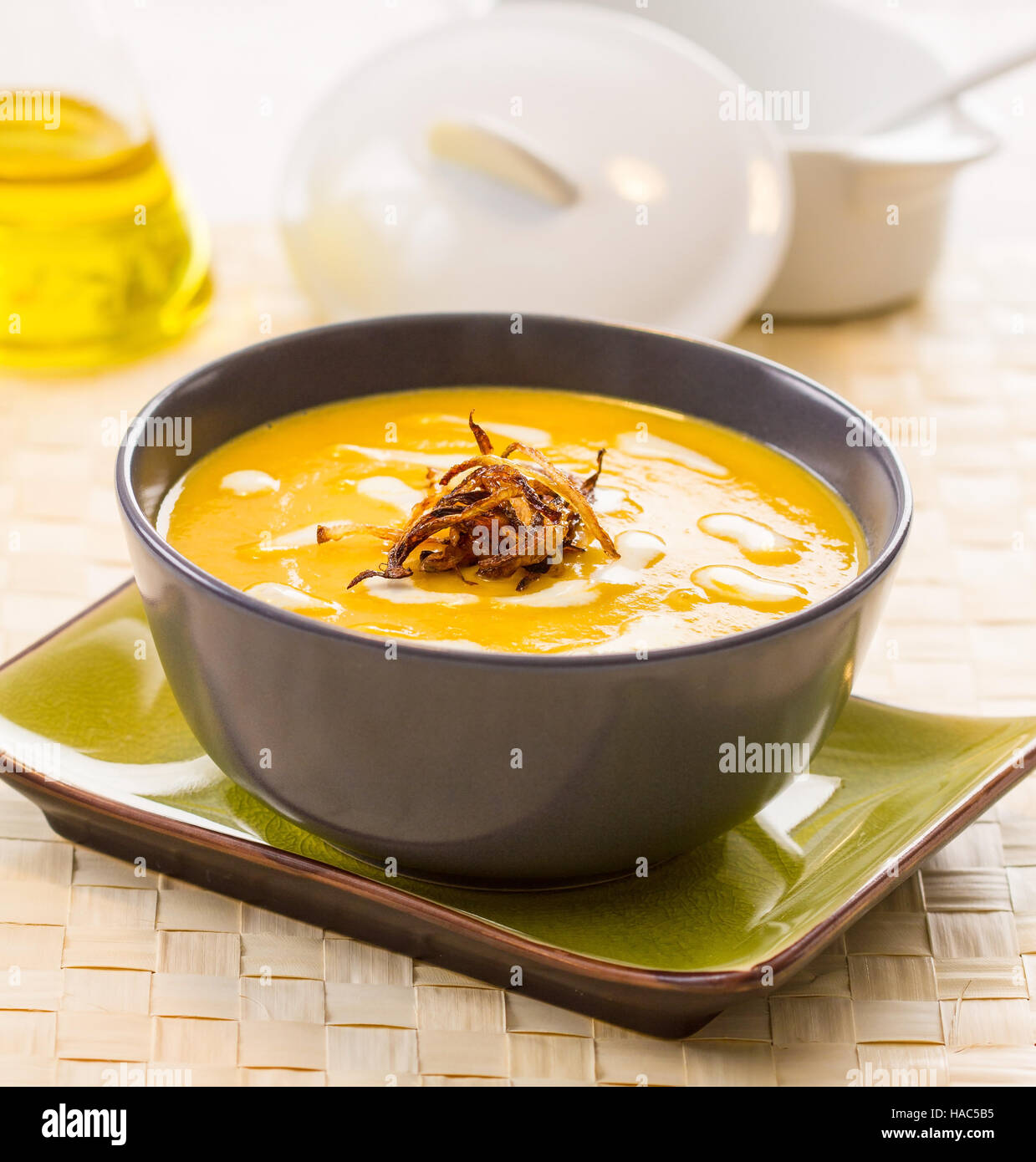Onion cream soup garnished with caramelized onion Stock Photo