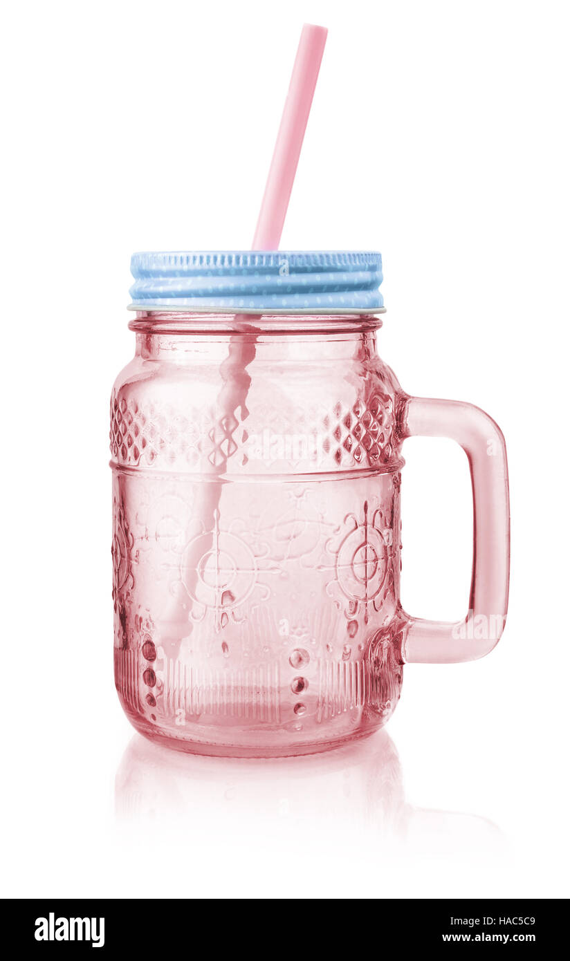 Vintage pink mason jar mug with lid and straw isolated on white Stock Photo