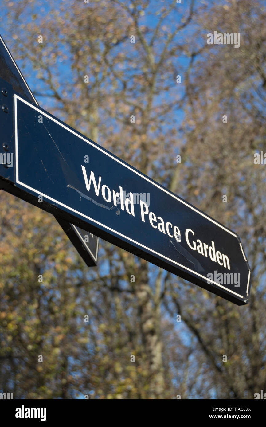 direction sign for the world peace garden, hampstead, london, england Stock Photo