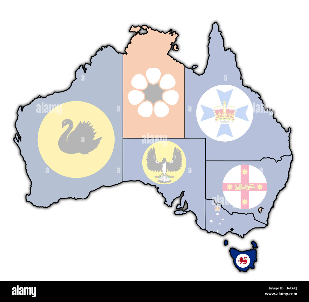 tasmania flag on map of australia with administrative divisions Stock Photo