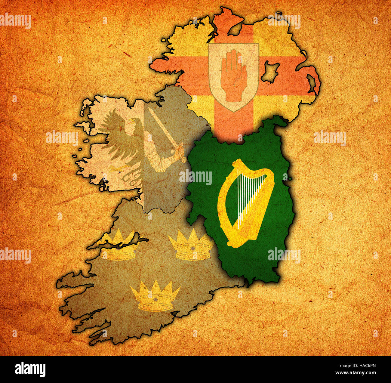 leinster with borders and flags of provinces on map of ireland Stock