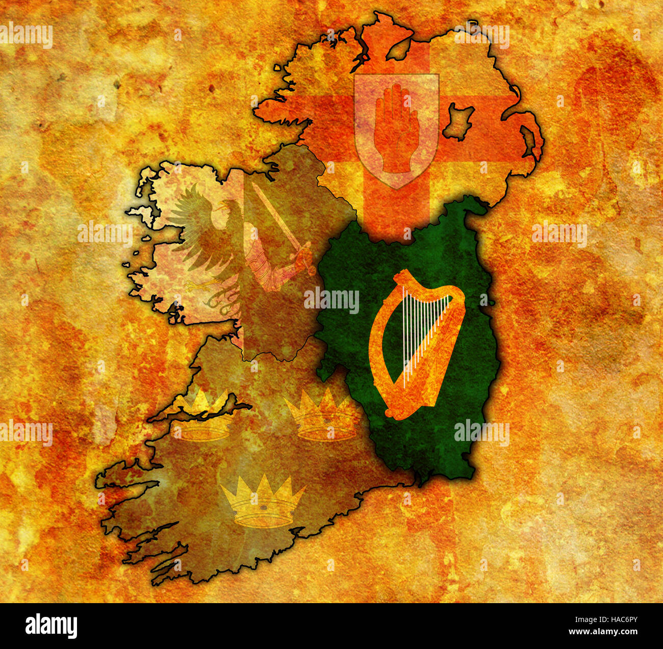 leinster with borders and flags of provinces on map of ireland Stock