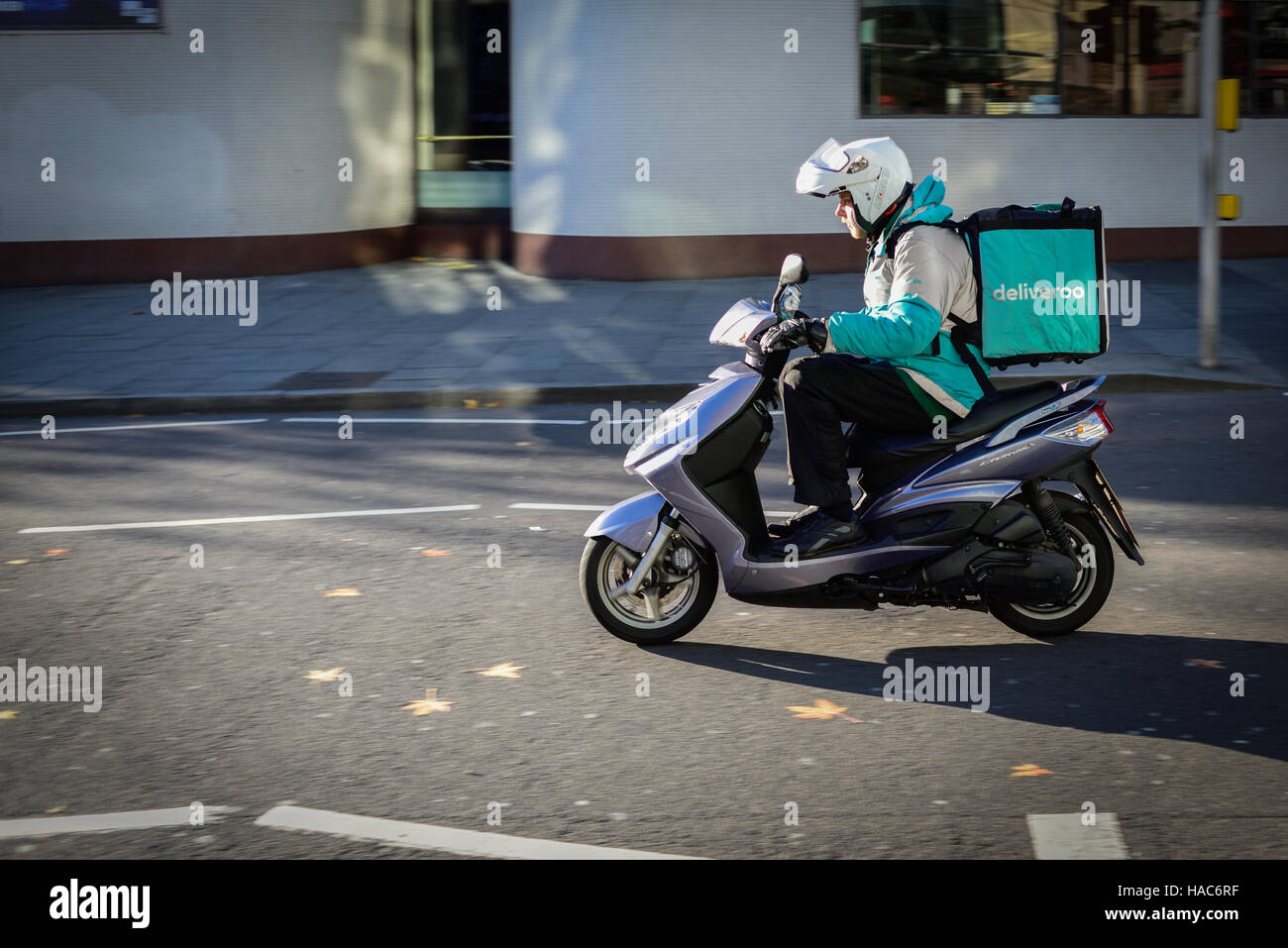 Deliveroo Motorcycle Courier,Nottingham City Centre. Stock Photo