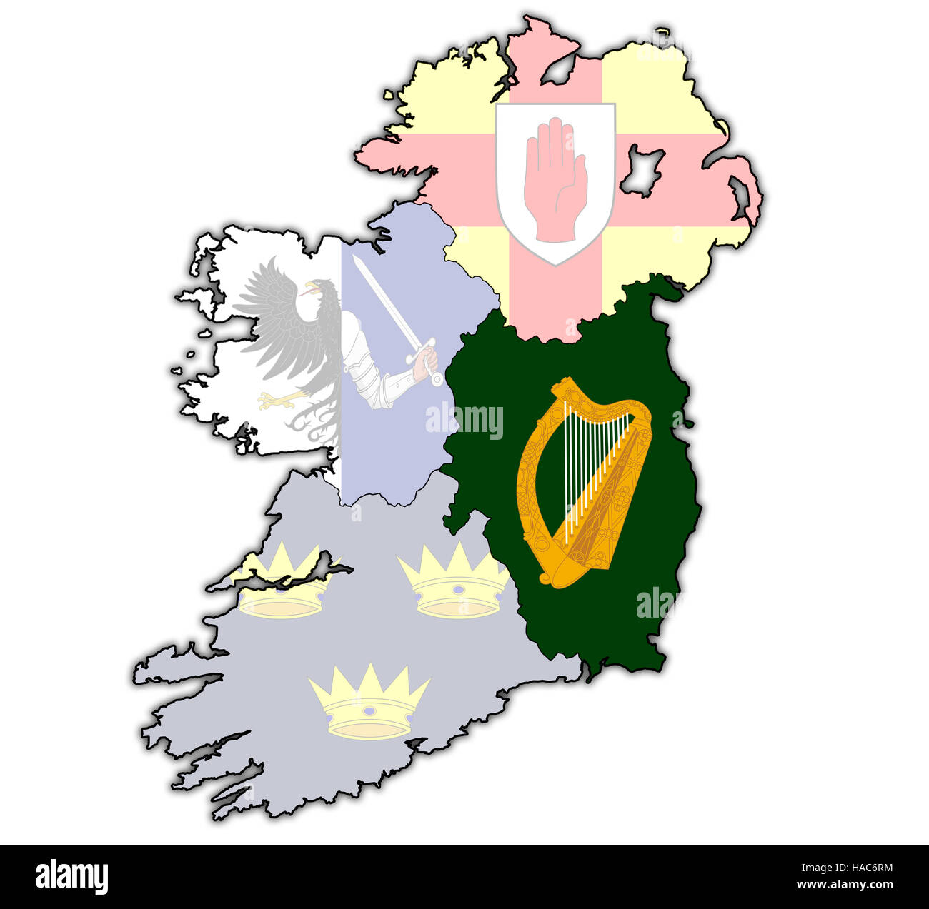 leinster with borders and flags of provinces on map of ireland Stock