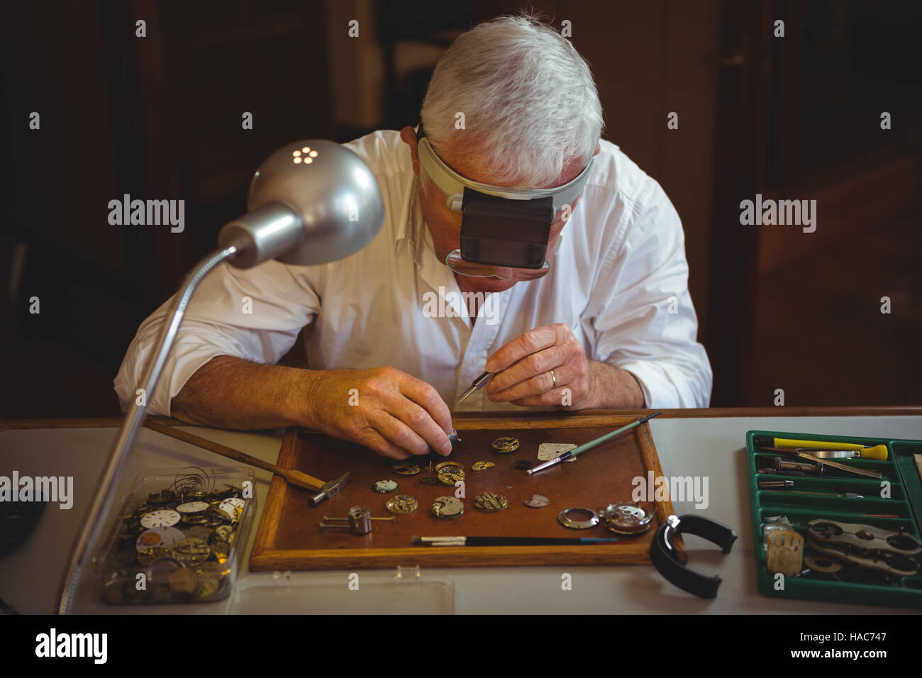 Horologist repairing a watch Stock Photo