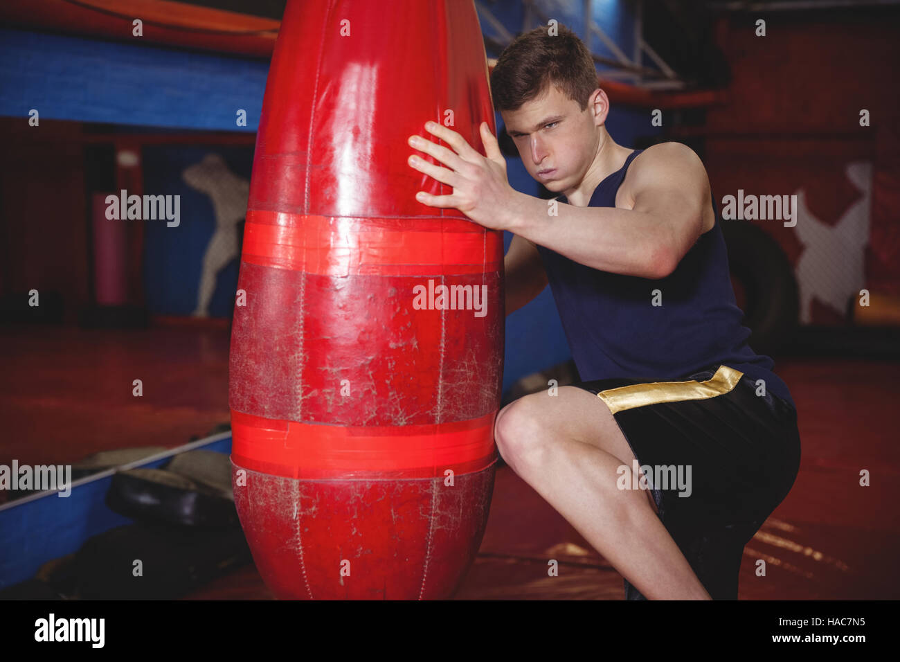 Boxer lifting punching bag Stock Photo Alamy