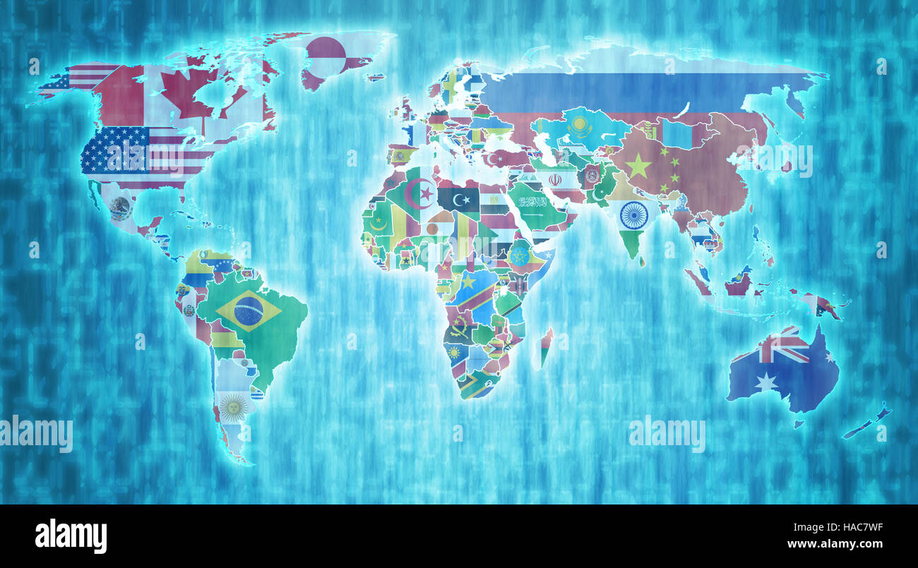 national flags on blue digital world map with actual national borders