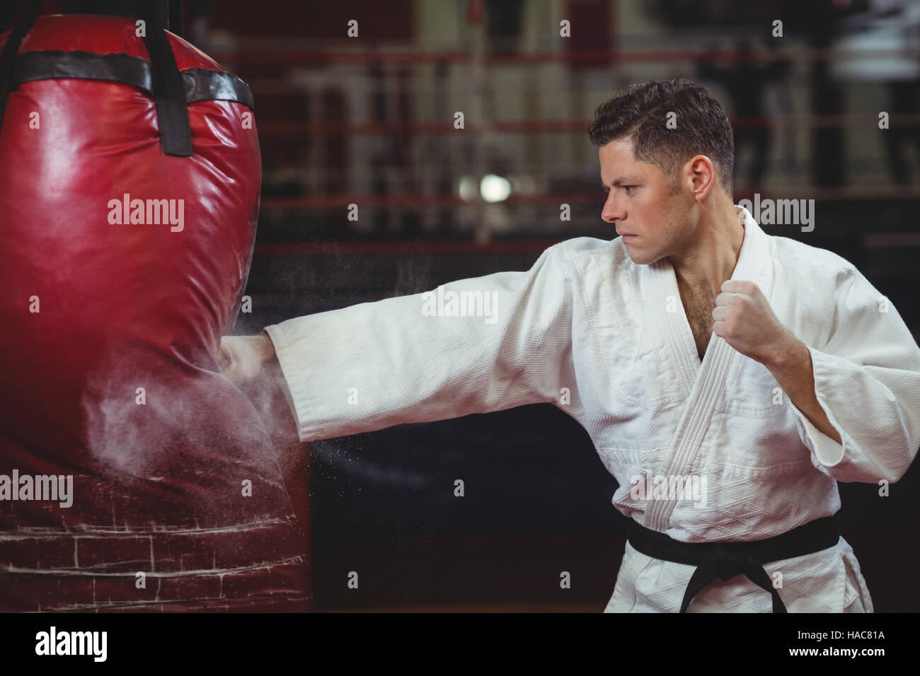 Karate player practicing karate with punching bag Stock Photo