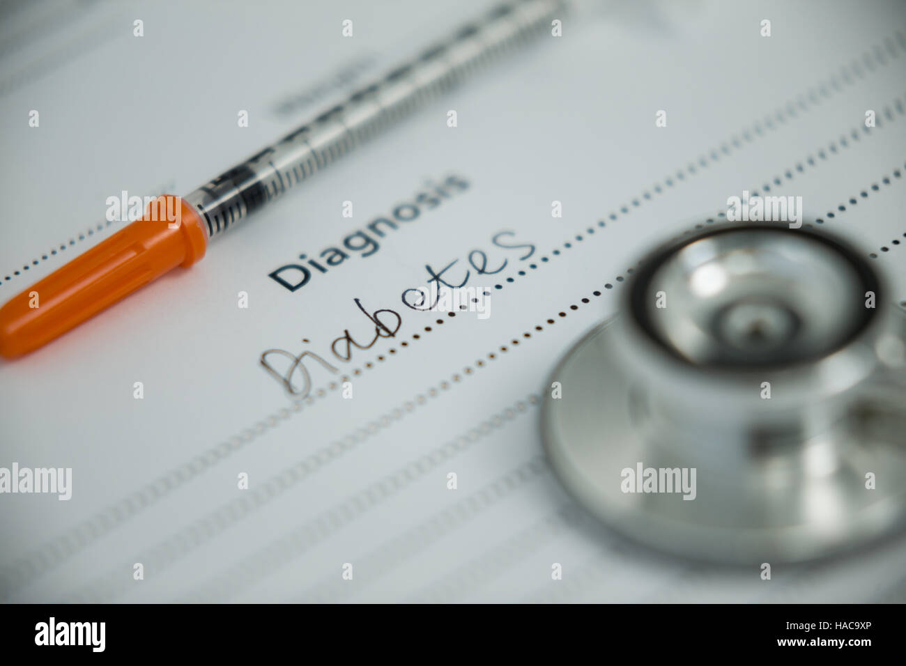 Injection with diabetes diagnosis and stethoscope Stock Photo - Alamy