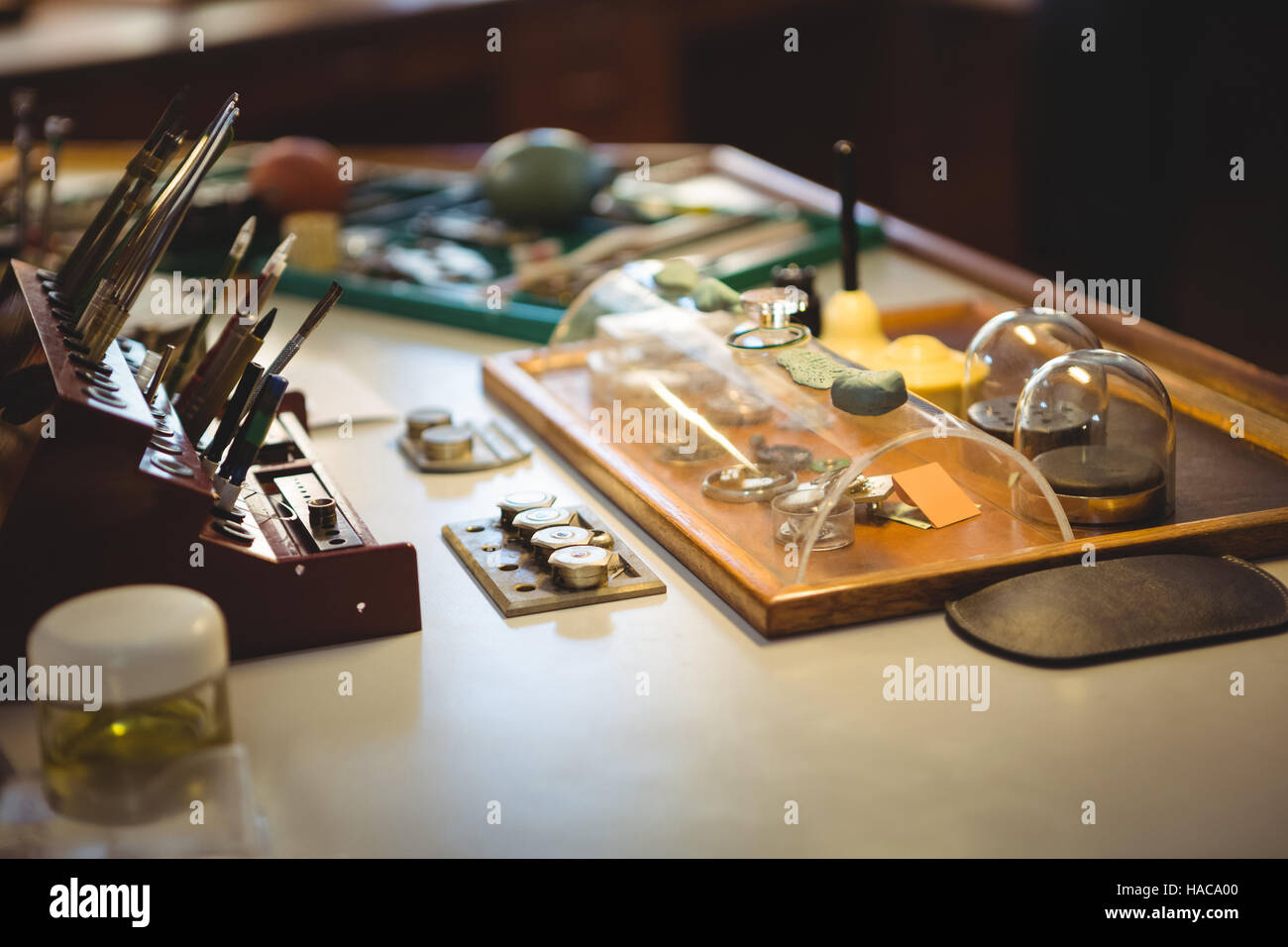 Horologist work tools and equipment on desk Stock Photo