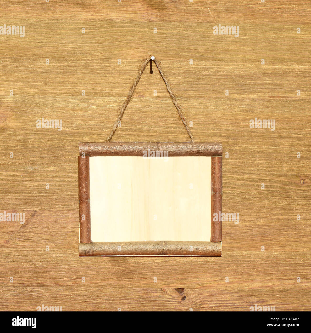 Wooden sign board blank frame on wood background Stock Photo - Alamy