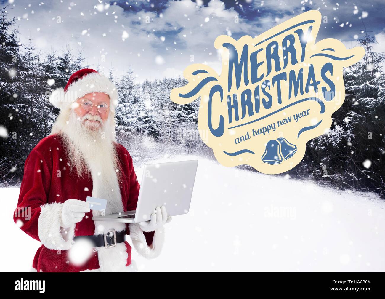 Merry christmas wishes with santa claus shopping online Stock Photo