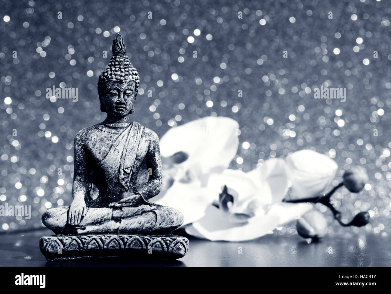 Buddha statue and a orchid flower on a bright shiny background with
