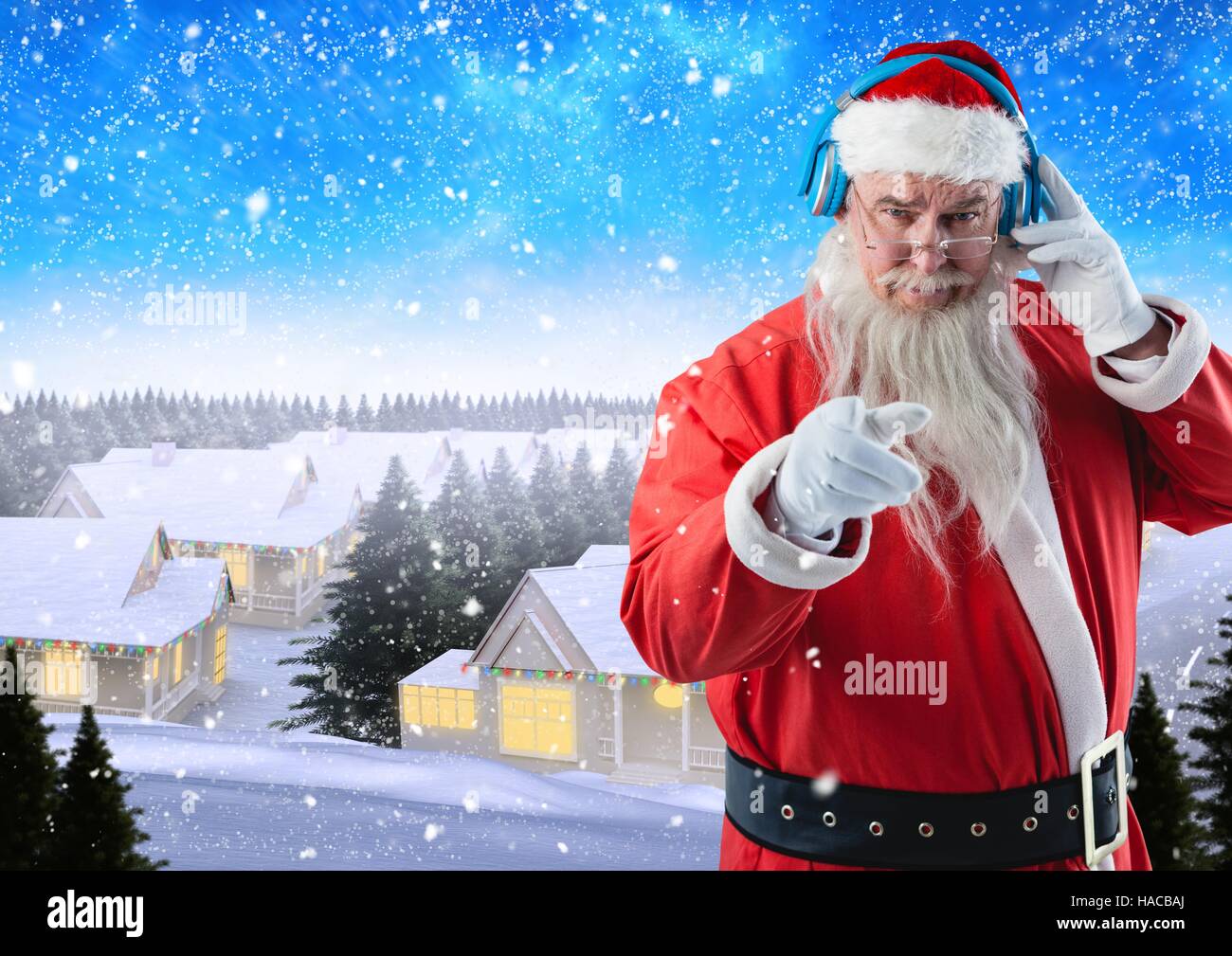 Santa gesturing while listening music on headphones 3D Stock Photo