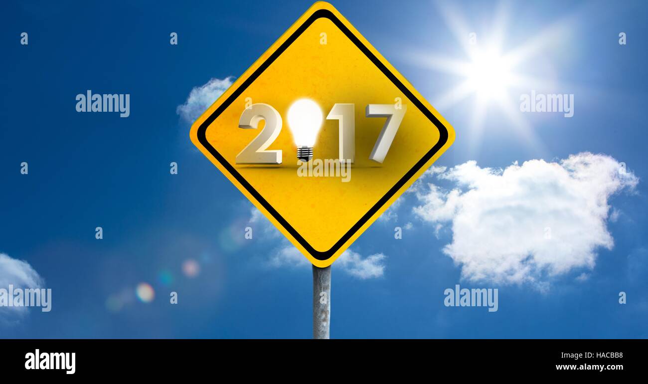 2017 road sign against a composite image 3D of clouds and sky Stock Photo