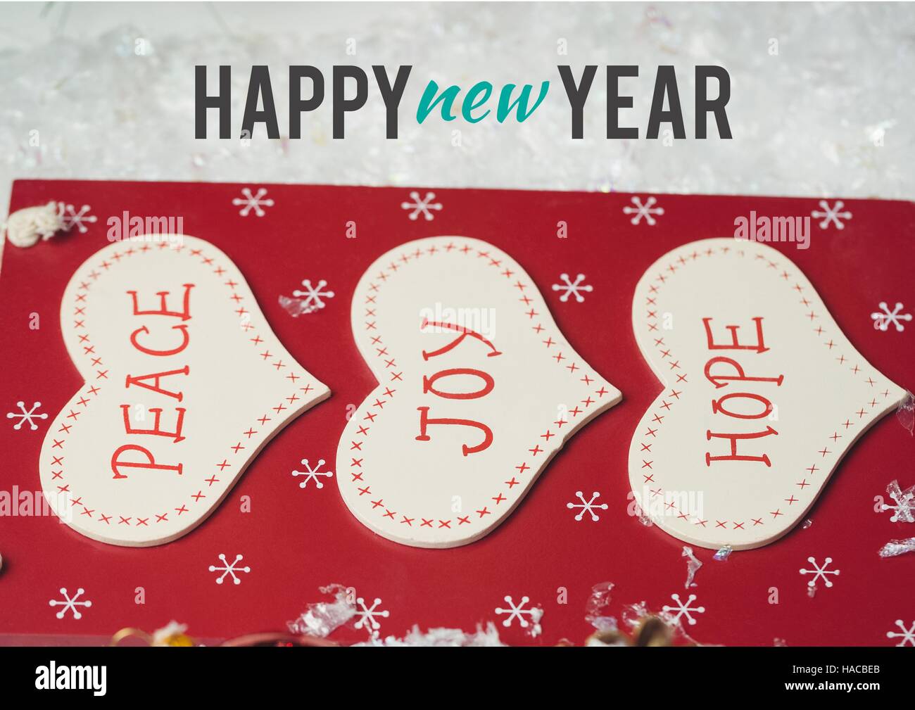 Happy new year wishes with message of peace, joy and hope Stock Photo