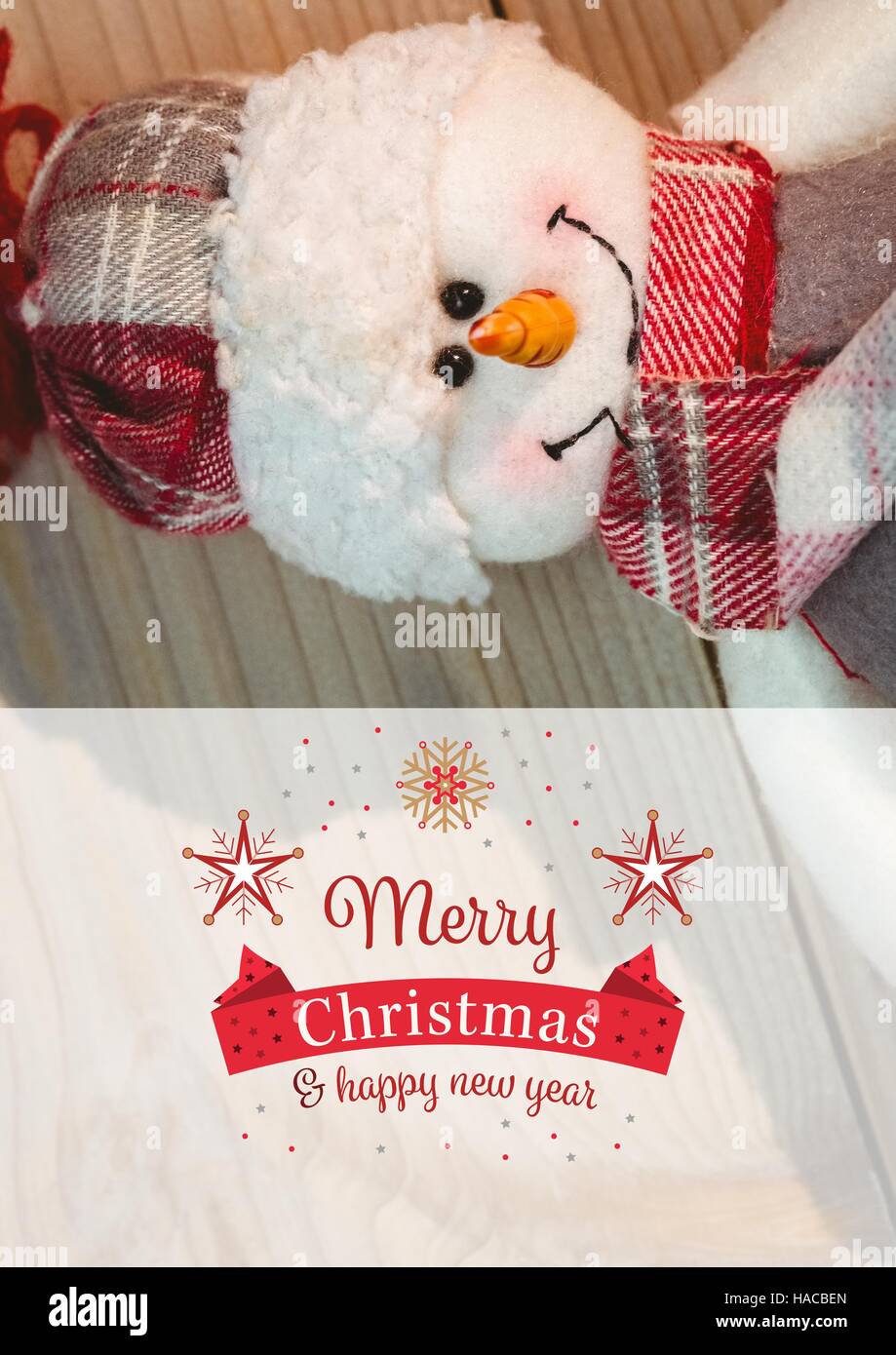 Composite image of merry christmas and happy new year wishes with snowman Stock Photo