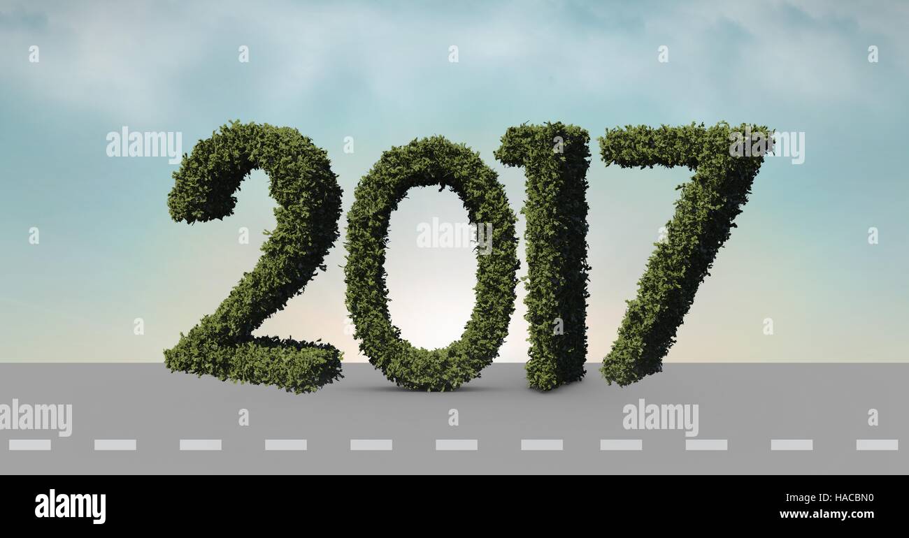 2017 made of green grass on composite image 3D of road Stock Photo