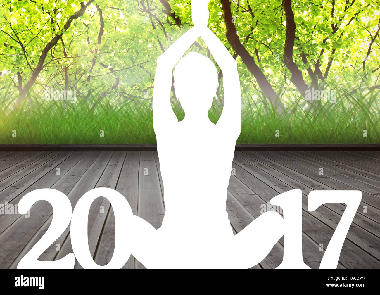 Silhouette of person in yoga pose forming 2017 new year sign 3D Stock Photo