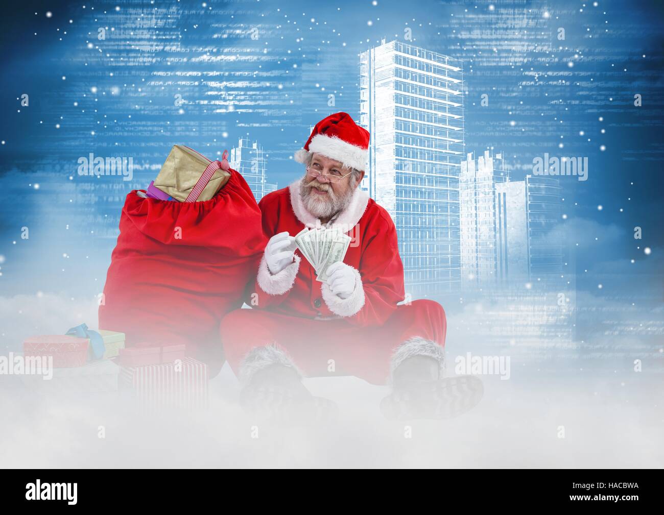 Happy santa counting currency notes 3D Stock Photo