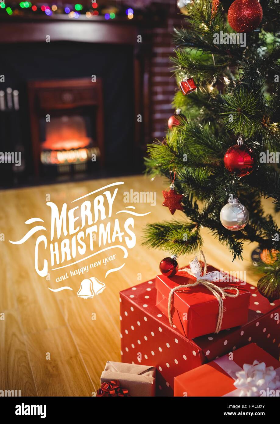 Digitally composite image of merry christmas message against christmas tree Stock Photo