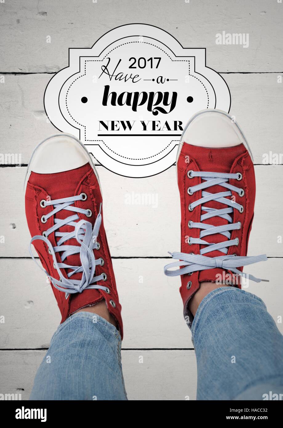 2017 new year wishes with teenager wearing red sneakers Stock Photo