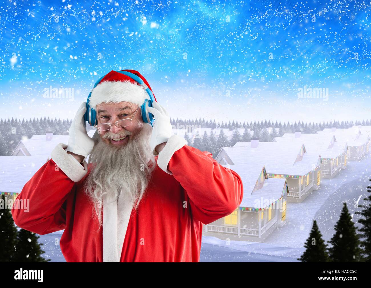 Santa listening music on headphones 3D Stock Photo