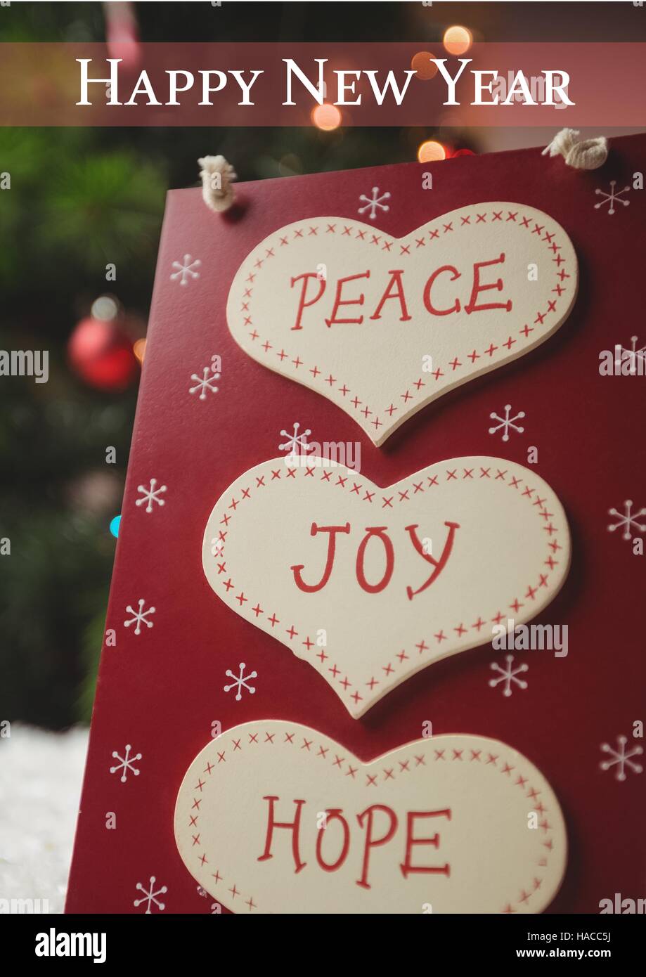 Happy new year wishes with message of peace, joy and hope Stock Photo