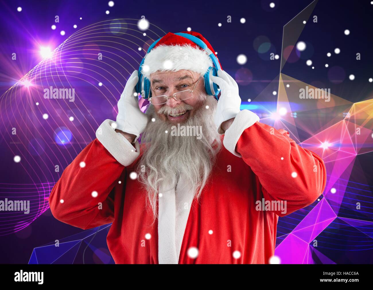 Happy santa claus listening music on headphones 3D Stock Photo