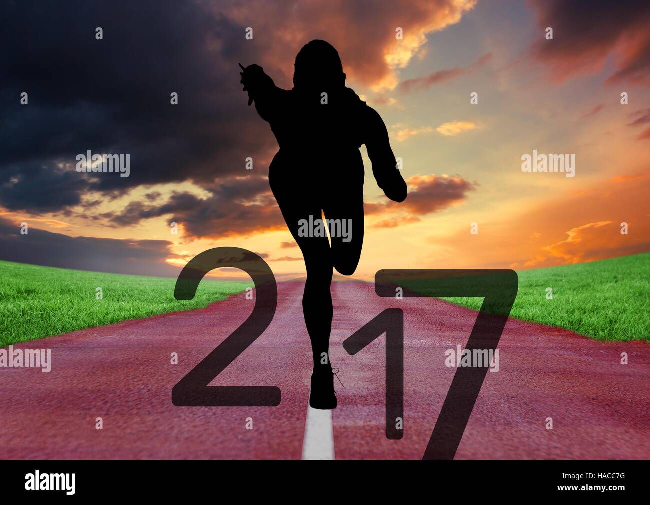 Silhouette of running athlete forming 2017 new year sign 3D Stock Photo