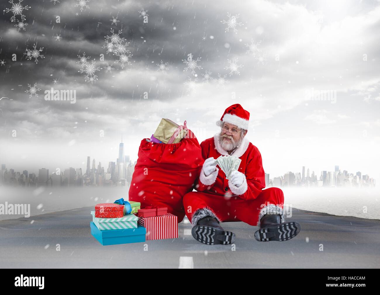 Happy santa claus with currency notes sitting next to christmas gifts 3D Stock Photo