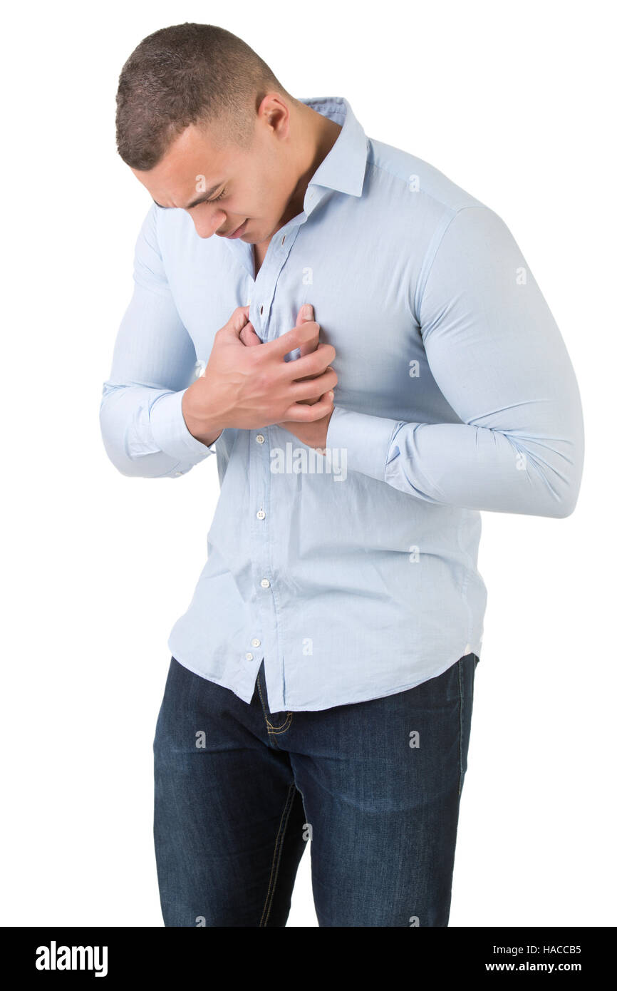 Man having a pain in the heart area, isolated in white Stock Photo