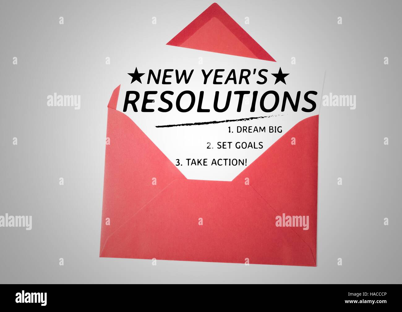 New year resolution goals in a red envelope Stock Photo