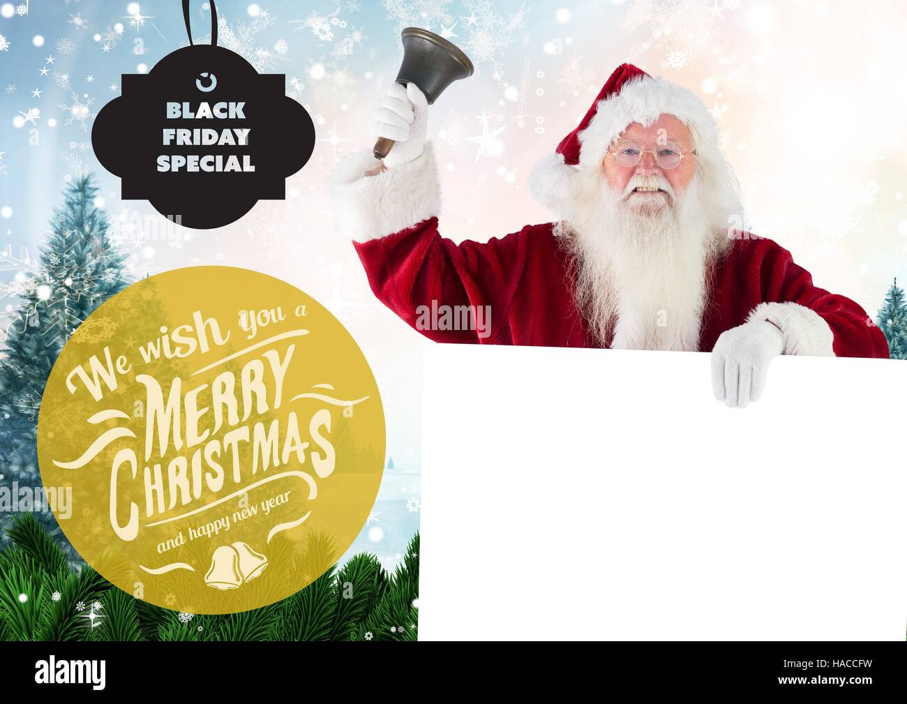Santa with christmas bell and greetings Stock Photo