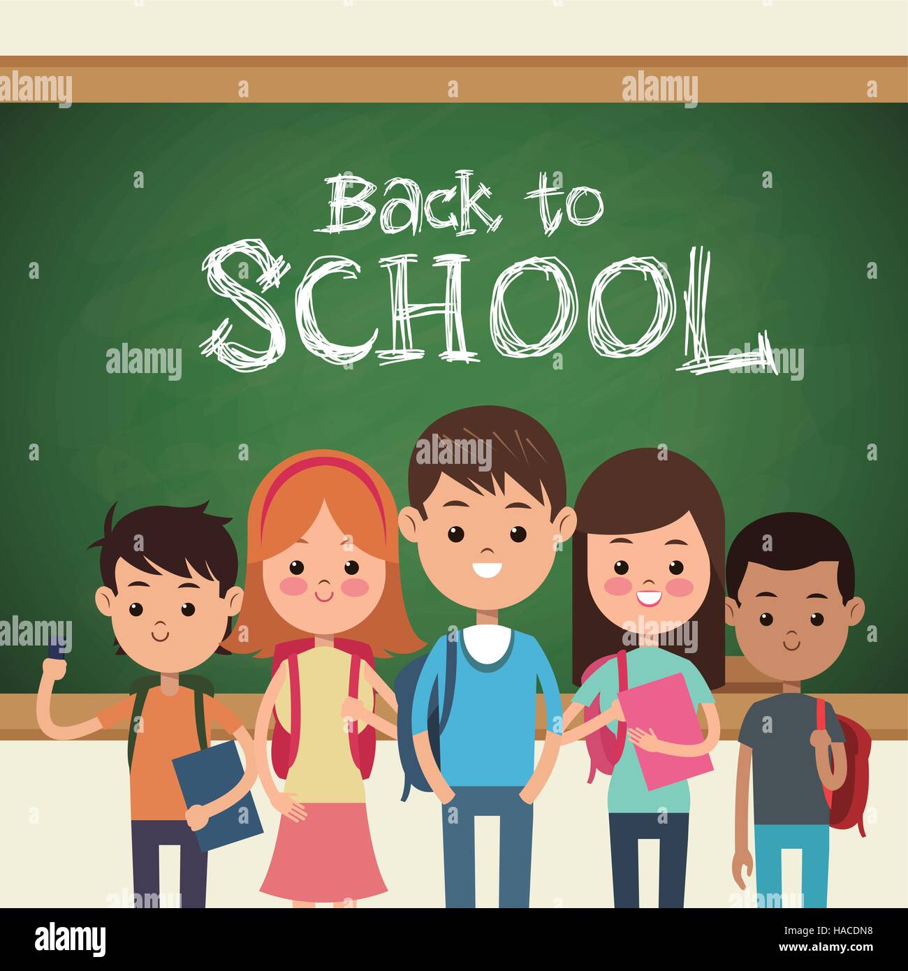 back to school students green board and chalk text Stock Vector Image ...