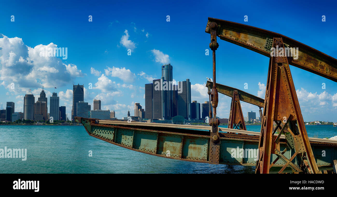 Panoramic view of Detroit city skyline taken at daylight from Windsor ...