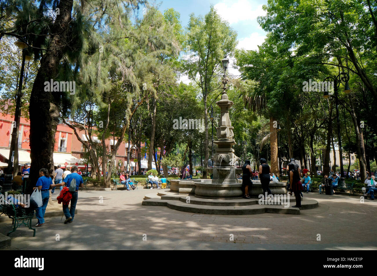 Fountain in the plaza of the Parroquia San Jacinto, San Angel neighborhood, Mexico City, Mexico Stock Photo