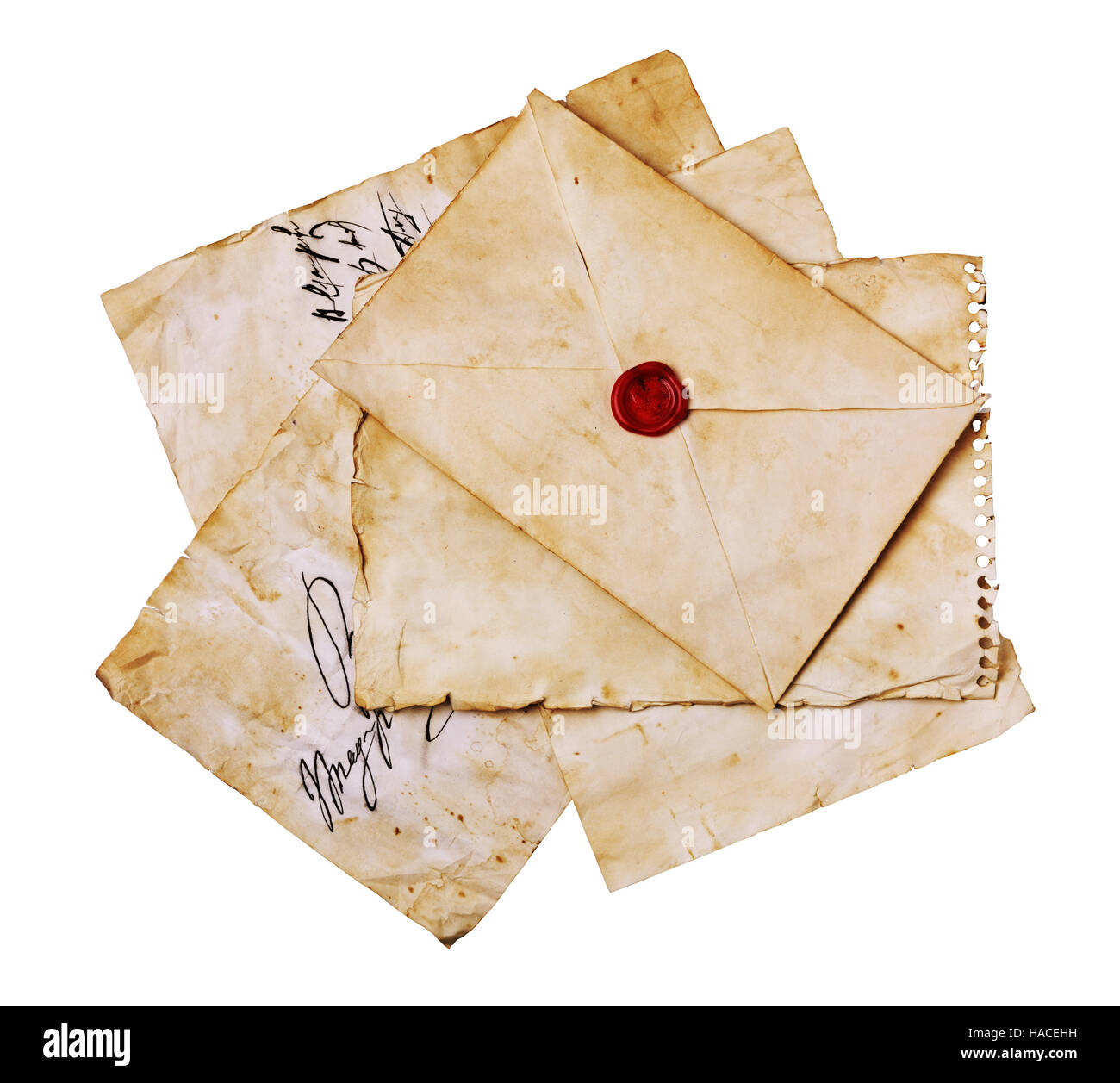 Vintage letters and envelope with seal wax isolated on white Stock