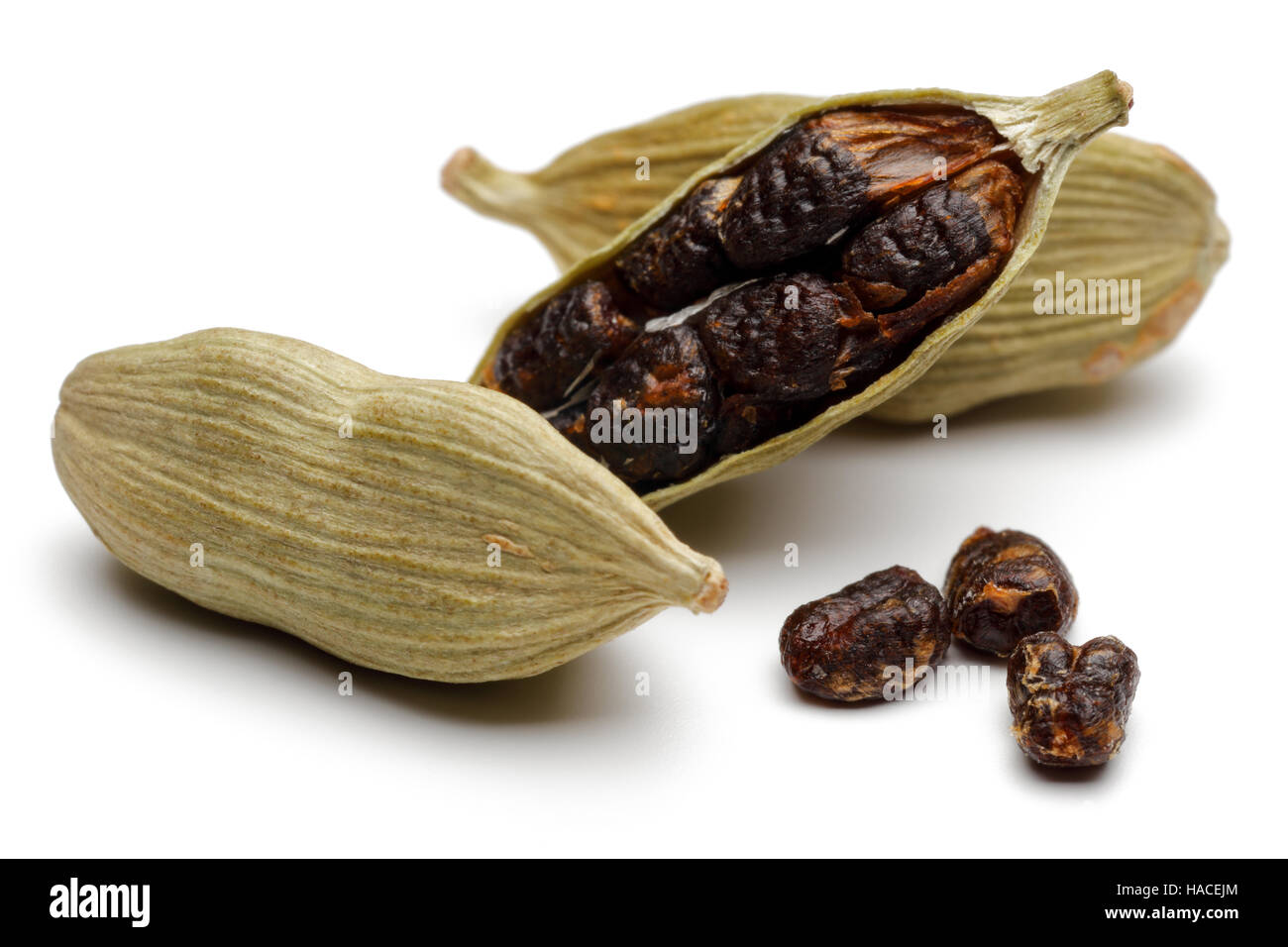 Green cardamom pods and seeds close up on white background Stock Photo