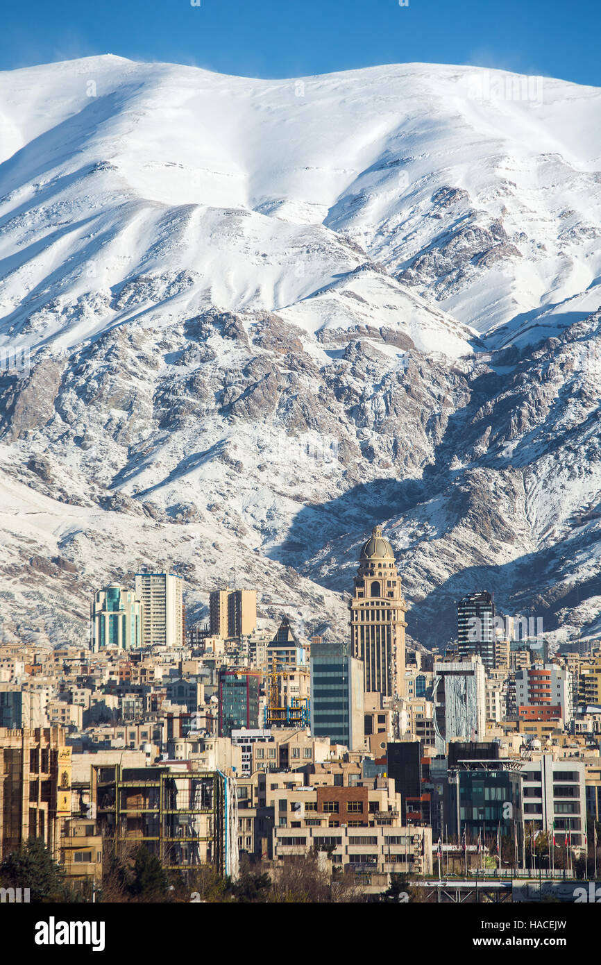 Winter Tehran view with a snow covered Alborz Mountains on background Stock Photo
