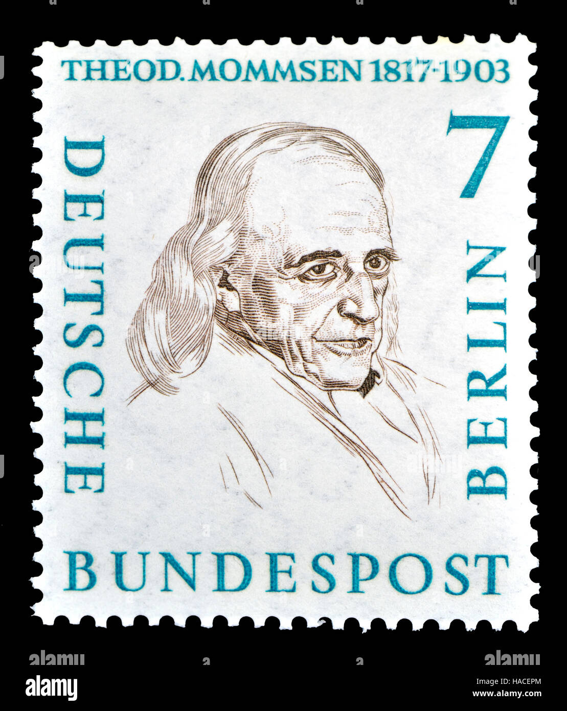 German postage stamp (1958) : Christian Matthias Theodor Mommsen (1817-1903) German classical scholar, historian, jurist, journalist, politician, arch Stock Photo