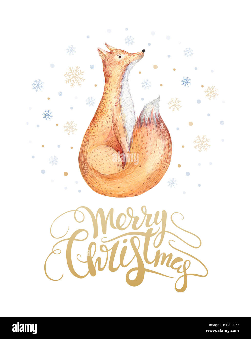 Merry Christmas watercolor lettering with watercolour fun fox Stock ...