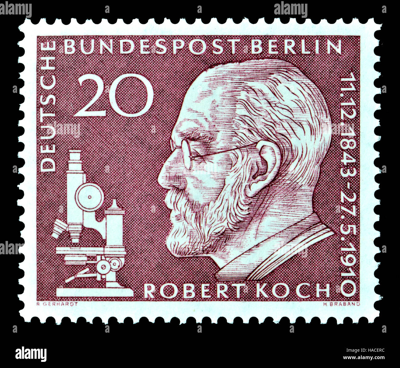German (Berlin) postage stamp (1960) : Robert Heinrich Hermann Koch (1843-1910) German physician and microbiologist. Founder of modern bacteriology Stock Photo