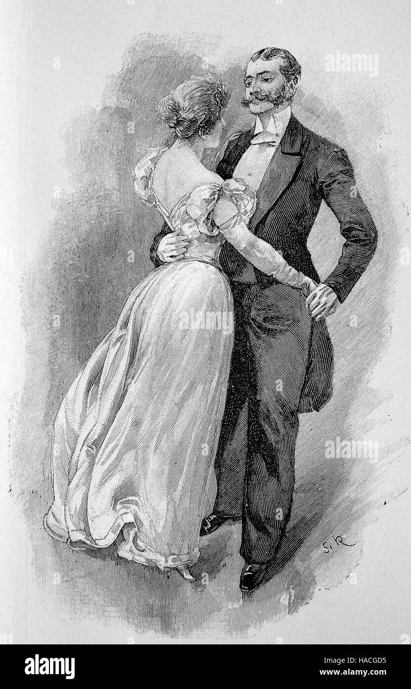 couple dancing Viennese Waltz, historic illustration, woodcut Stock Photo
