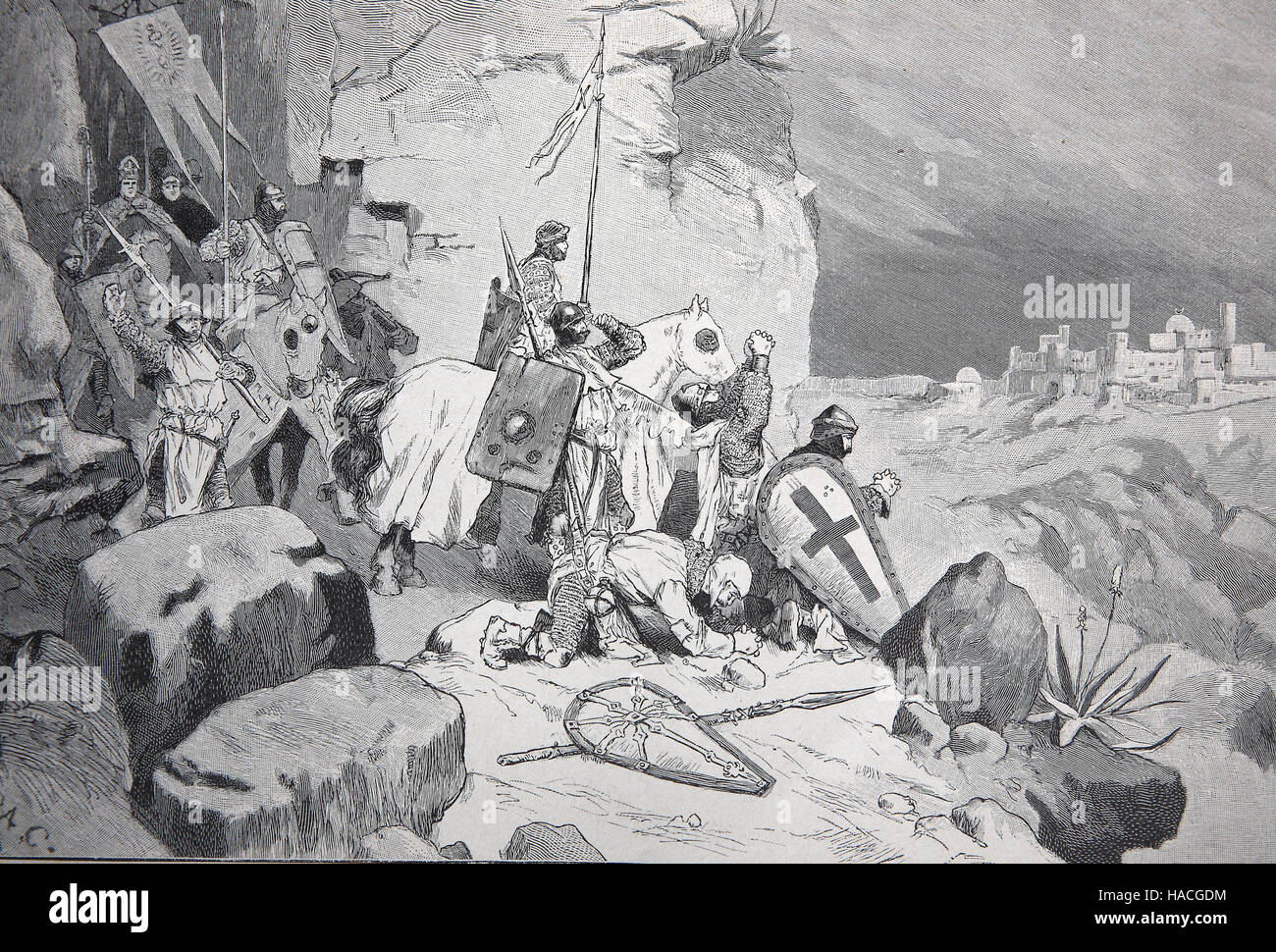 the crusaders at Jerusalem, 1095, historic illustration, woodcut Stock Photo