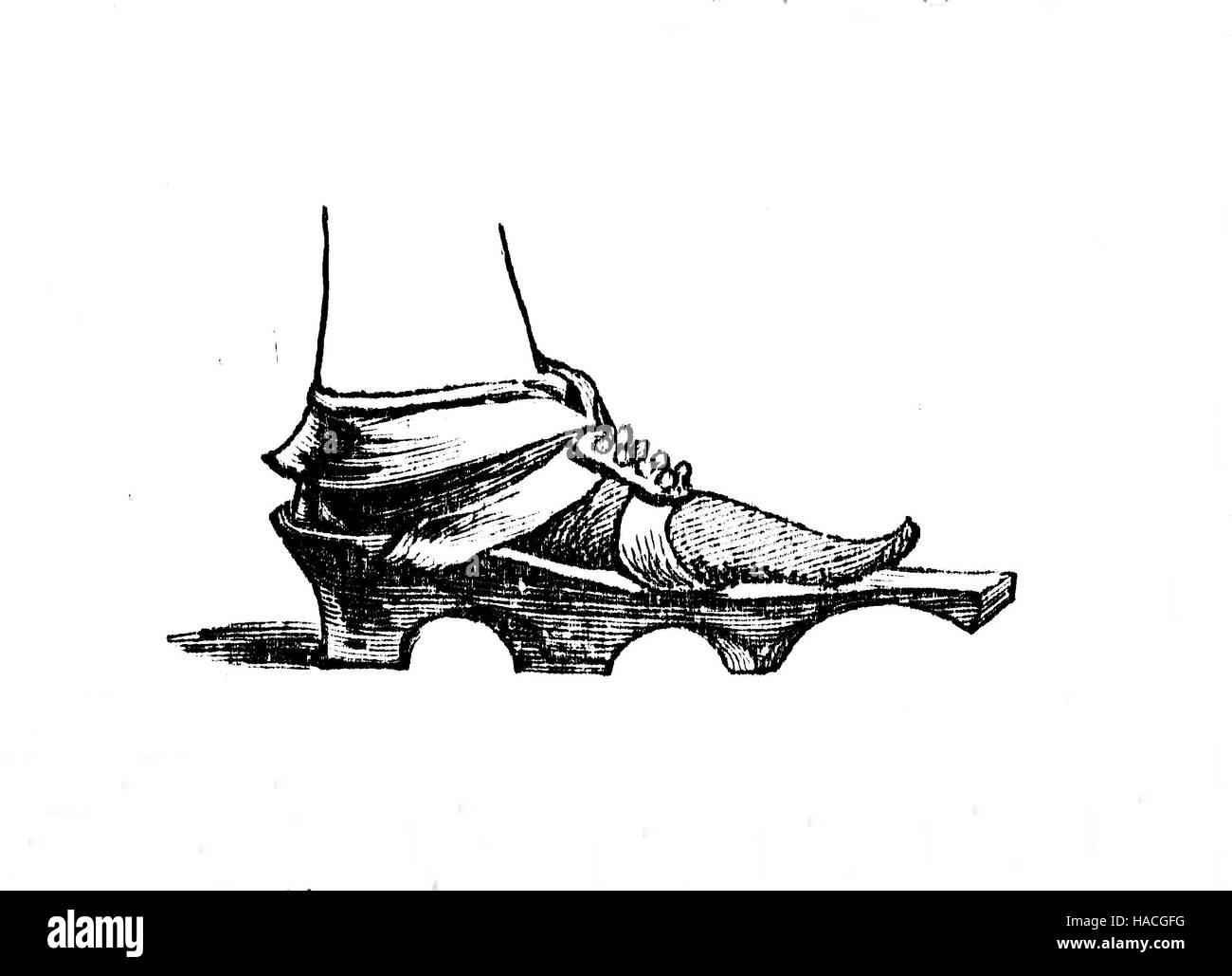 Shoes, fashion of the past. Pattens, are protective overshoes that were worn in Europe from the Middle Ages, historic illustration, woodcut Stock Photo